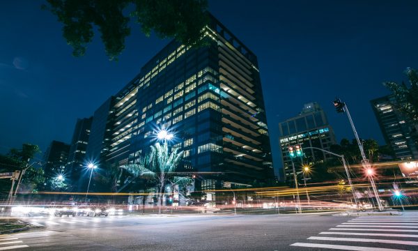 A Building and lights at night