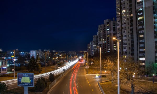 Highway at night and buildings